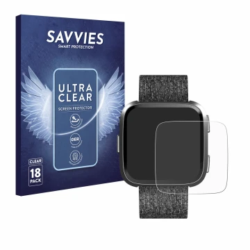 Front side of a product packaging with the brand logo Savvies. Next to it is the device Fitbit Versa Special Edition shown wit