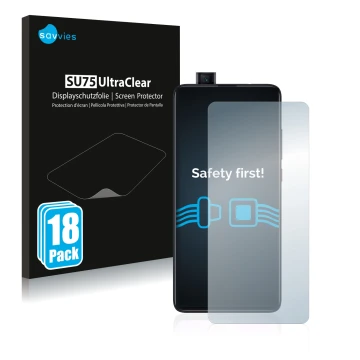 Front side of a product packaging with the brand logo Savvies. Next to it is the device Xiaomi Mi 9T Pro shown with the corres