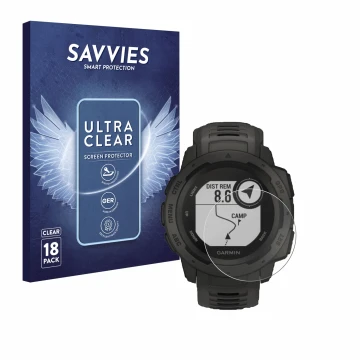 Front side of a product packaging with the brand logo Savvies. Next to it is the device Garmin Instinct Tactical Edition shown