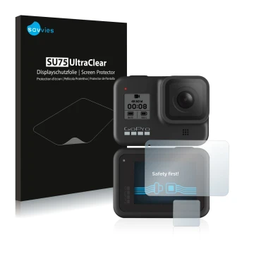 Front side of a product packaging with the brand logo Savvies. Next to it is the device GoPro Hero 8 Black shown with the corr