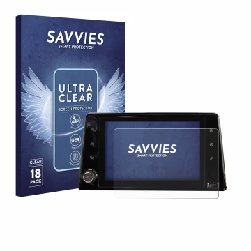 Front side of a product packaging with the brand logo Savvies. Next to it is the device Peugeot Rifter 2019 Infotainment Syste