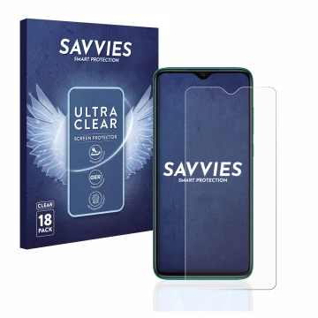 Front side of a product packaging with the brand logo Savvies. Next to it is the device Xiaomi Redmi Note 8 Pro shown with the