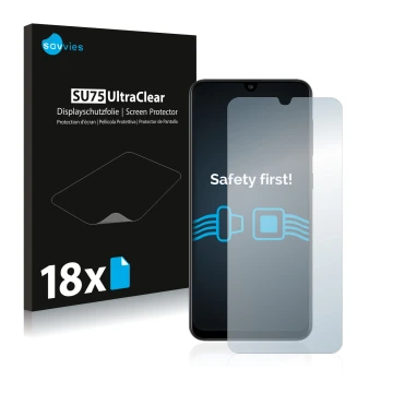 Front side of a product packaging with the brand logo Savvies. Next to it is the device Samsung Galaxy A30s shown with the cor