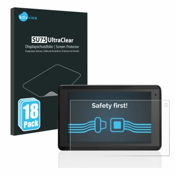 Front side of a product packaging with the brand logo Savvies. Next to it is the device Garmin Aera 660 shown with the corresp