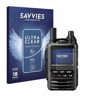 Front side of a product packaging with the brand logo Savvies. Next to it is the device Yaesu FT-3D shown with the correspondi