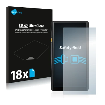 Front side of a product packaging with the brand logo Savvies. Next to it is the device FiiO M11 shown with the corresponding 