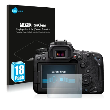 Front side of a product packaging with the brand logo Savvies. Next to it is the device Canon EOS 90D shown with the correspon