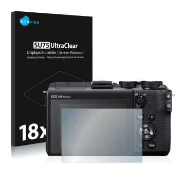 Front side of a product packaging with the brand logo Savvies. Next to it is the device Canon EOS M6 Mark II shown with the co