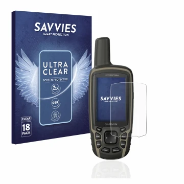 Front side of a product packaging with the brand logo Savvies. Next to it is the device Garmin GPSMAP 64sx shown with the corr