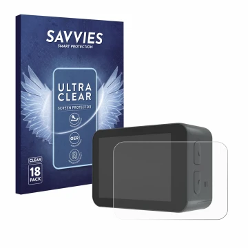 Front side of a product packaging with the brand logo Savvies. Next to it is the device Akaso V50X shown with the correspondin