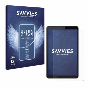 Front side of a product packaging with the brand logo Savvies. Next to it is the device Lenovo Tab M8 shown with the correspon