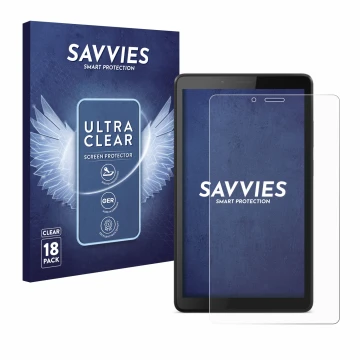 Front side of a product packaging with the brand logo Savvies. Next to it is the device Lenovo Tab M7 shown with the correspon