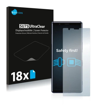 Front side of a product packaging with the brand logo Savvies. Next to it is the device Sony Xperia 5 shown with the correspon