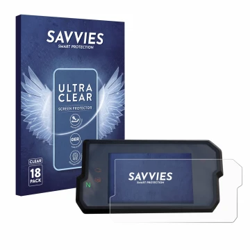 Front side of a product packaging with the brand logo Savvies. Next to it is the device KTM 125 / 390 Duke 2017+ shown with th