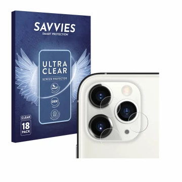 Front side of a product packaging with the brand logo Savvies. Next to it is the device Apple iPhone 11 Pro (ONLY Camera Lens)