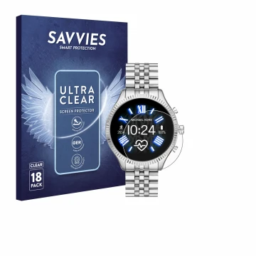Front side of a product packaging with the brand logo Savvies. Next to it is the device Michael Kors Access Lexington 2 shown 