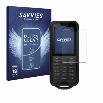 Front side of a product packaging with the brand logo Savvies. Next to it is the device Nokia 800 Tough shown with the corresp