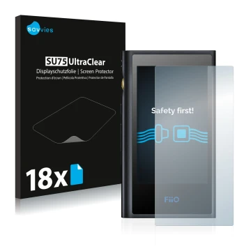 Front side of a product packaging with the brand logo Savvies. Next to it is the device FiiO M9 shown with the corresponding s