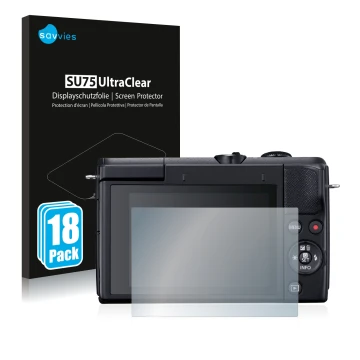 Front side of a product packaging with the brand logo Savvies. Next to it is the device Canon EOS M200 shown with the correspo