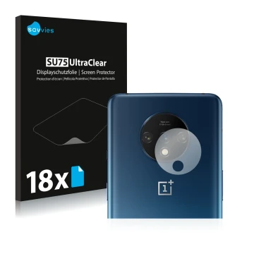 Front side of a product packaging with the brand logo Savvies. Next to it is the device OnePlus 7T (ONLY Camera Lens) shown wi