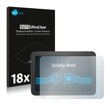 Front side of a product packaging with the brand logo Savvies. Next to it is the device Amazon Echo Show 8 (1st Gen.) shown wi