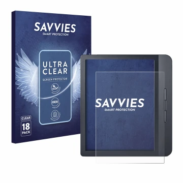 Front side of a product packaging with the brand logo Savvies. Next to it is the device Kobo Libra H2O shown with the correspo