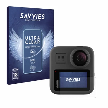 Front side of a product packaging with the brand logo Savvies. Next to it is the device GoPro Max shown with the corresponding