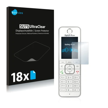 Front side of a product packaging with the brand logo Savvies. Next to it is the device AVM Fritz!Fon C6 shown with the corres