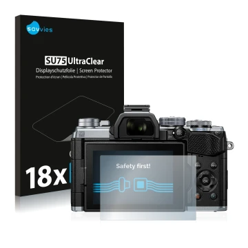 Front side of a product packaging with the brand logo Savvies. Next to it is the device Olympus OM-D E-M5 Mark III shown with 