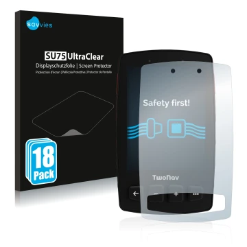 Front side of a product packaging with the brand logo Savvies. Next to it is the device TwoNav Trail 2 Bike shown with the cor
