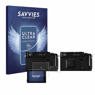 Front side of a product packaging with the brand logo Savvies. Next to it is the device Fujifilm X-Pro3 shown with the corresp