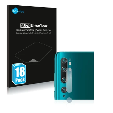 Front side of a product packaging with the brand logo Savvies. Next to it is the device Xiaomi Mi Note 10 Pro (ONLY Camera Len