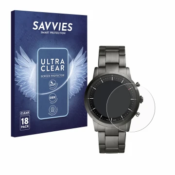 Front side of a product packaging with the brand logo Savvies. Next to it is the device Fossil Collider HR shown with the corr