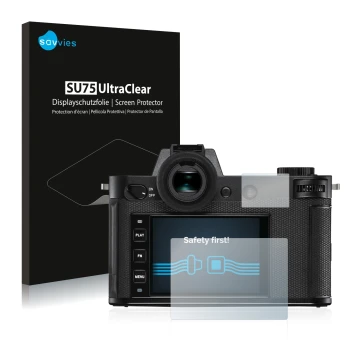 Front side of a product packaging with the brand logo Savvies. Next to it is the device Leica SL2 shown with the corresponding