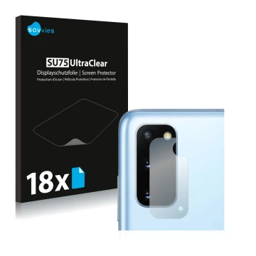 Front side of a product packaging with the brand logo Savvies. Next to it is the device Samsung Galaxy S20 (ONLY Camera Lens) 