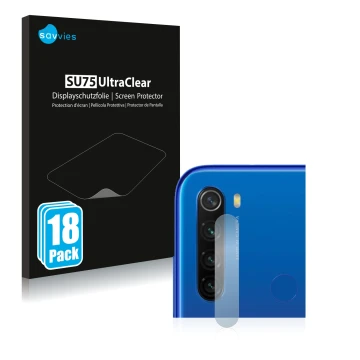 Front side of a product packaging with the brand logo Savvies. Next to it is the device Xiaomi Redmi Note 8T (ONLY Camera Lens