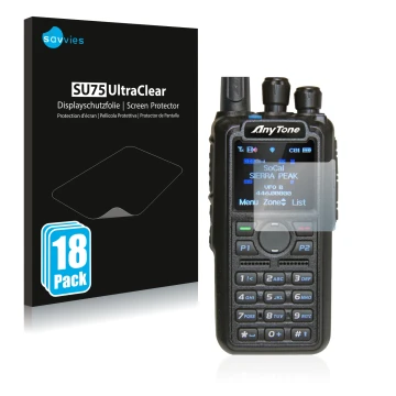 Front side of a product packaging with the brand logo Savvies. Next to it is the device AnyTone AT-D878UV shown with the corre