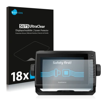 Front side of a product packaging with the brand logo Savvies. Next to it is the device Garmin ECHOMAP UHD 72cv shown with the