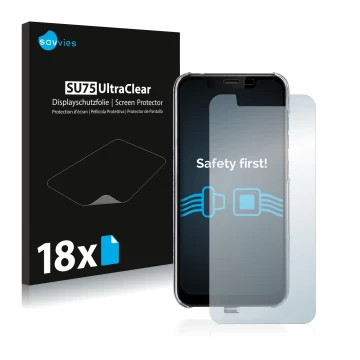 Front side of a product packaging with the brand logo Savvies. Next to it is the device Gigaset GS195LS shown with the corresp