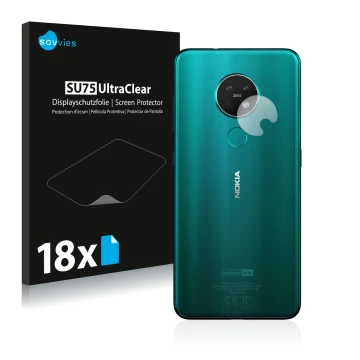 Front side of a product packaging with the brand logo Savvies. Next to it is the device Nokia 7.2 (ONLY Camera Lens) shown wit