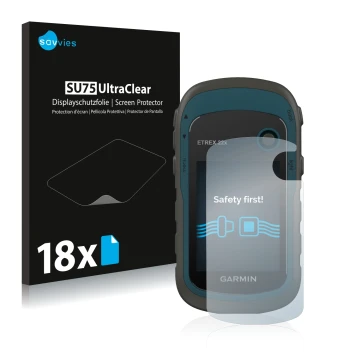 Front side of a product packaging with the brand logo Savvies. Next to it is the device Garmin eTrex 22x shown with the corres