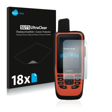 Front side of a product packaging with the brand logo Savvies. Next to it is the device Garmin GPSMAP 86i shown with the corre