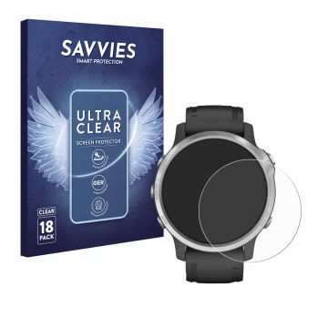 Front side of a product packaging with the brand logo Savvies. Next to it is the device Garmin Fenix 6S shown with the corresp