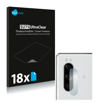 Front side of a product packaging with the brand logo Savvies. Next to it is the device Sony Xperia 5 (ONLY Camera Lens) shown