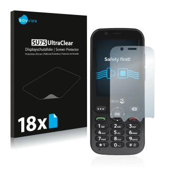 Front side of a product packaging with the brand logo Savvies. Next to it is the device Doro 7010 shown with the corresponding