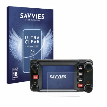 Front side of a product packaging with the brand logo Savvies. Next to it is the device Yaesu FTM-400XDR shown with the corres
