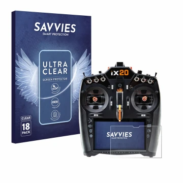 Front side of a product packaging with the brand logo Savvies. Next to it is the device Spektrum iX20 shown with the correspon