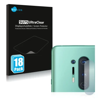 Front side of a product packaging with the brand logo Savvies. Next to it is the device OnePlus 8 Pro (ONLY Camera Lens) shown