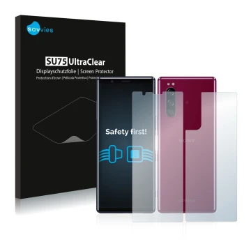 Front side of a product packaging with the brand logo Savvies. Next to it is the device Sony Xperia 5 (Front+Back) shown with 