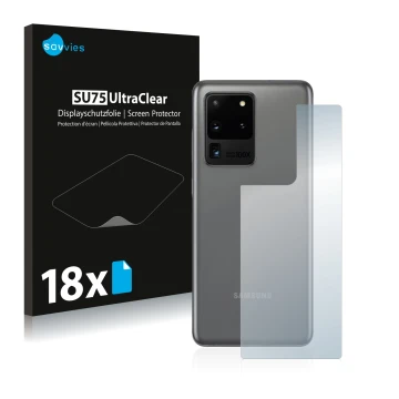 Front side of a product packaging with the brand logo Savvies. Next to it is the device Samsung Galaxy S20 Ultra (Back) shown 